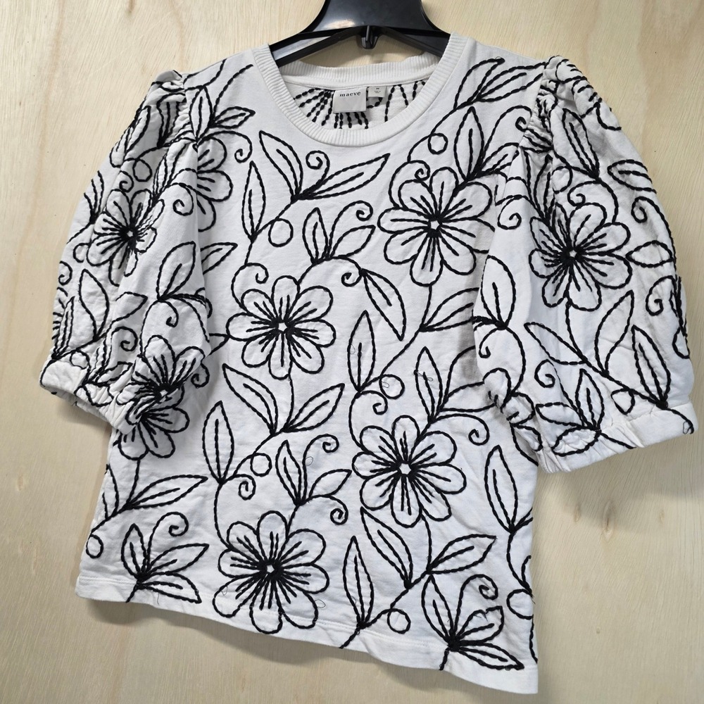 Maeve Anthropologie White Black Floral Embroidered Puff Sleeve Sweatshirt Top M - Picture 16 of 16